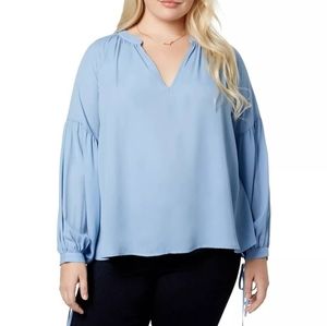 Say What? Womens Blue Split Neck Bishop Sleeves Blouse Top Plus 1X
